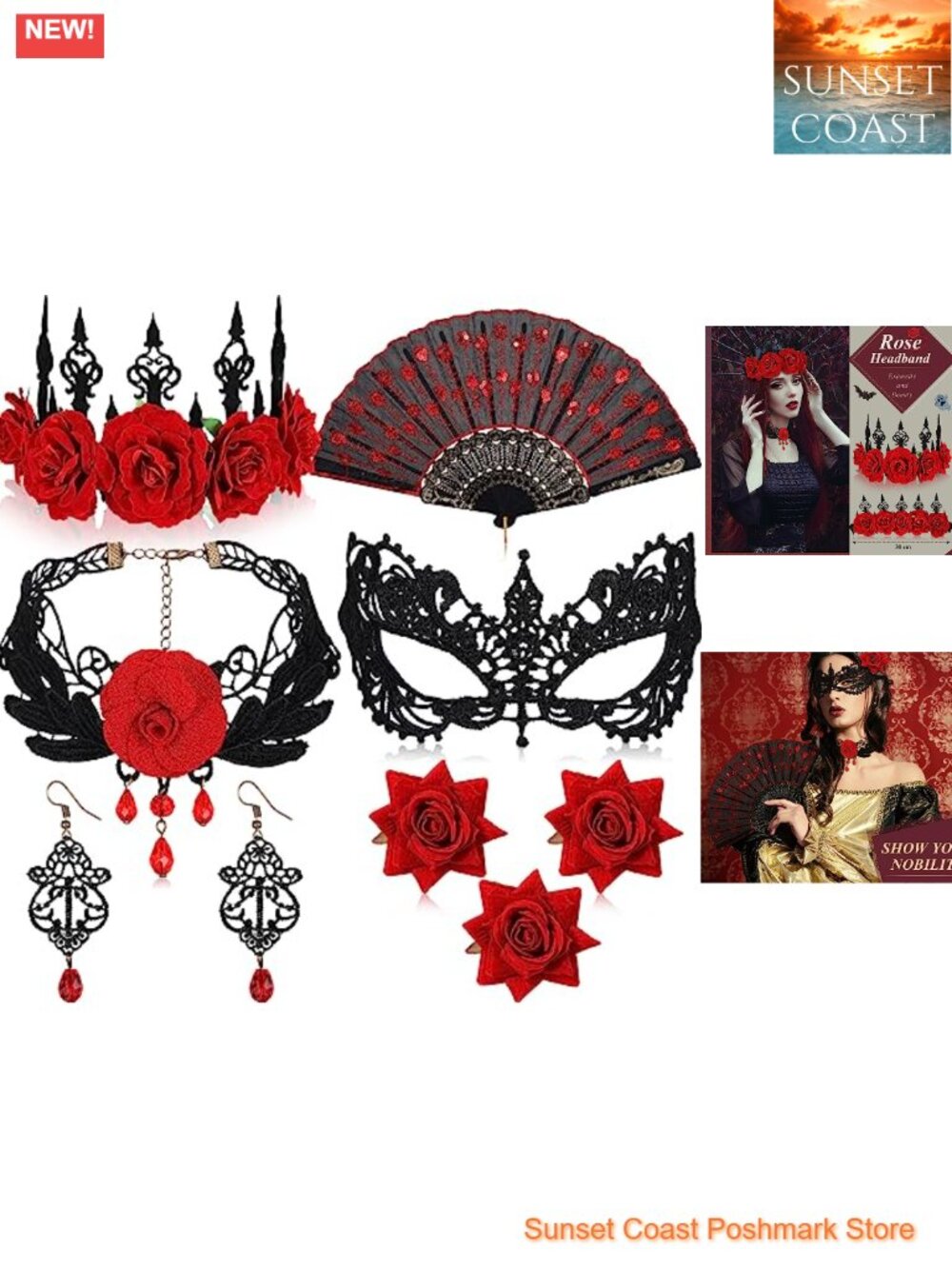 Vampire Costume Accessory Set Lace Mask Fan Crown Headband Cosplay Halloween
